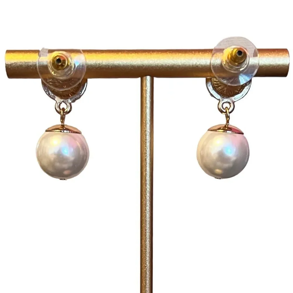 Rhinestone Pearl Gold Tone Dangle Earrings